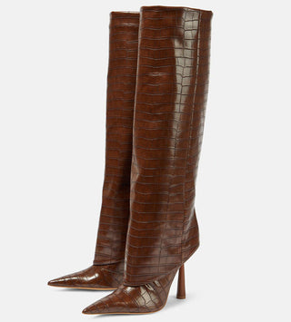 Croc-Embossed Knee-High Stiletto Leather Boots