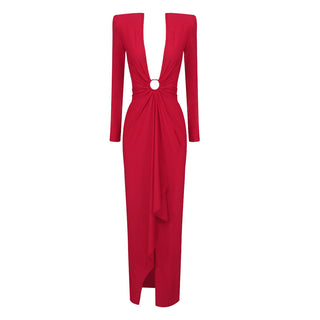 Elegant Long-Sleeve Long Dress V-Neck Evening Gown
