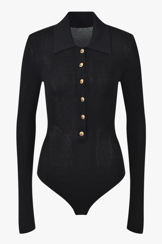Long Sleeve Ribbed Knit Bodysuit with Collar & Button Front