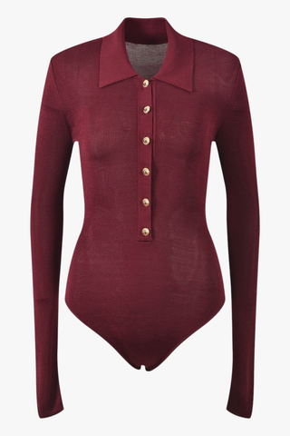 Long Sleeve Ribbed Knit Bodysuit with Collar & Button Front