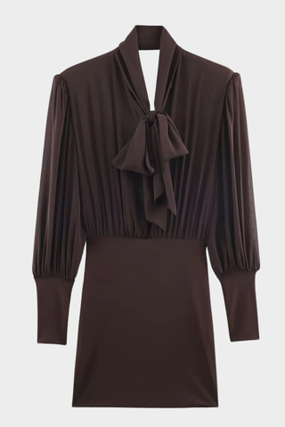 Long Sleeve Tie-Neck Mini Dress in Structured Woven Fabric