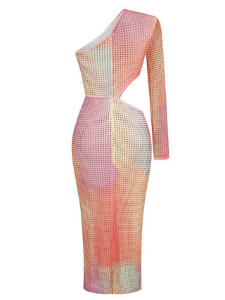 Rainbow Radiance One Shoulder Long Sleeve Midi Dress