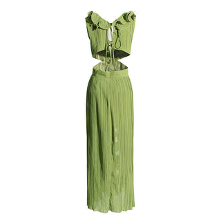 Plunge Ruffle Pleated V Neck Long Dress