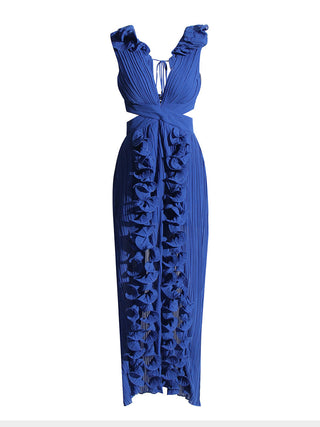 Plunge Ruffle Pleated V Neck Long Dress