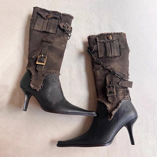 Distressed Leather Mid-Calf Boots with Buckle and Chain Detailing