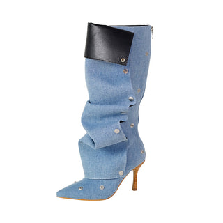 Denim Knee-High Boots with Leather Cuff and Stud Detailing