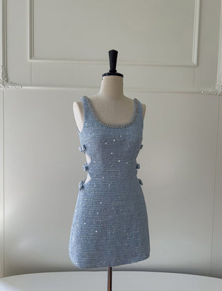 Sleeveless Blue Tweed Mini Dress with Bow Accents and Embellished Neckline