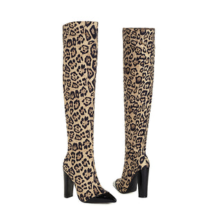 Leather Knee High Boots with Pointed Toe and Block Heel