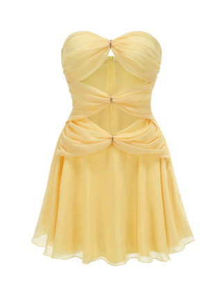 Elegant Ruched Sweetheart Strapless Mini Dress - Sunshine Yellow & Classic White