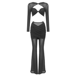 Mesh Long Sleeve Backless  Set