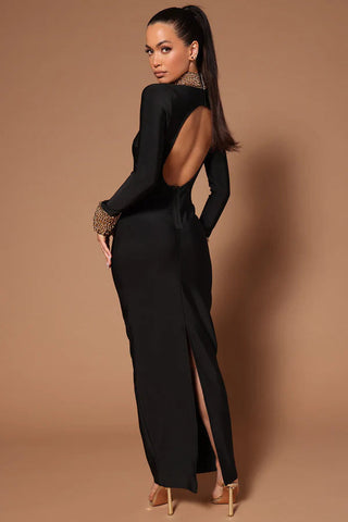Elegant Long Sleeve Bandage Tall Dress with Gold Pearl Detailing