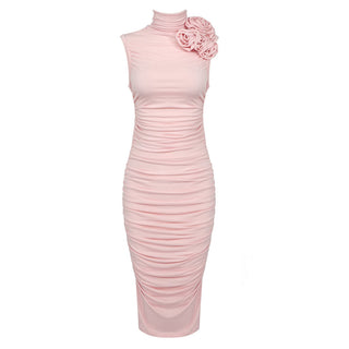 Pink Petal Sleeveless High Neck Flower Midi  Dress