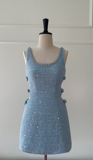 Sleeveless Blue Tweed Mini Dress with Bow Accents and Embellished Neckline
