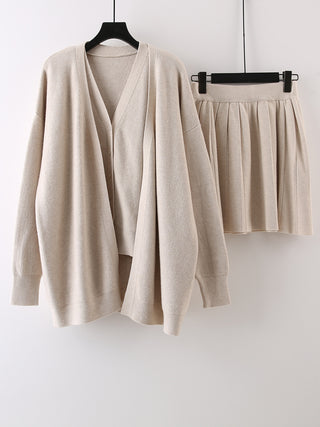 Ribbed 3 Piece Knit Set with Cardigan, Buttoned Knit Top and Pleated Skirt