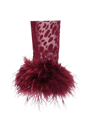 Velvet Mesh Long-Sleeve Tall Dress with Feather Cuffs