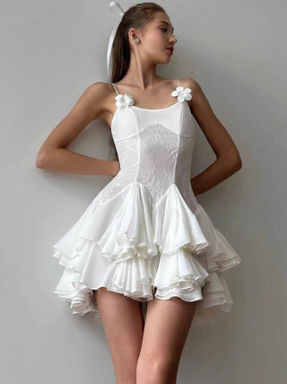 Sleeveless Flower Suspender Ruffle  Mini Dress