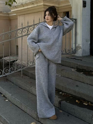 Cozy Ribbed Knit Set – Oversized Pullover & High-Waist Trousers