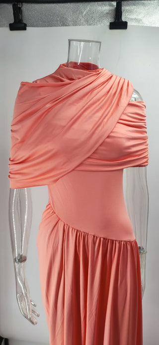 Asymmetrical Draped Mesh Evening Long Dress with Pleated Waist & Shoulder Wrap