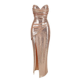 Stella Sequin Strapless Side-Slit Long Dress