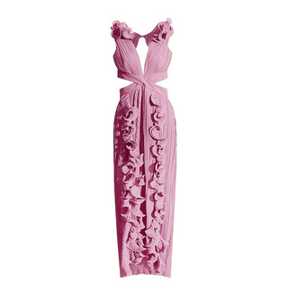 Plunge Ruffle Pleated V Neck Long Dress