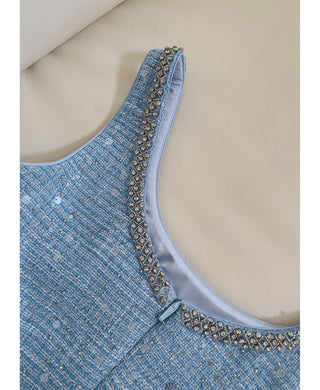 Sleeveless Blue Tweed Mini Dress with Bow Accents and Embellished Neckline