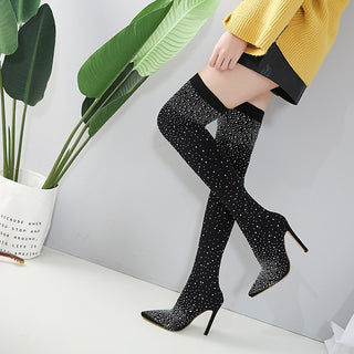 Mesh Thigh-High Boots with Rhinestone Detailing and Stiletto Heel