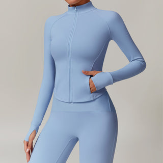 High-Neck Zip-Up Sports Jacket with Thumbholes