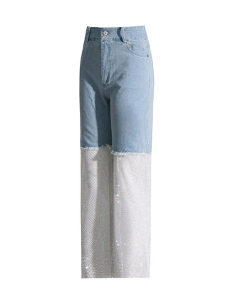 Rhinestone Fishnet Denim Pants