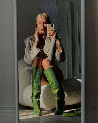 Rhinestone Knee High Boots with Pointed Toe and Stiletto Heel