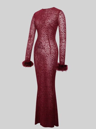 Velvet Mesh Long-Sleeve Tall Dress with Feather Cuffs