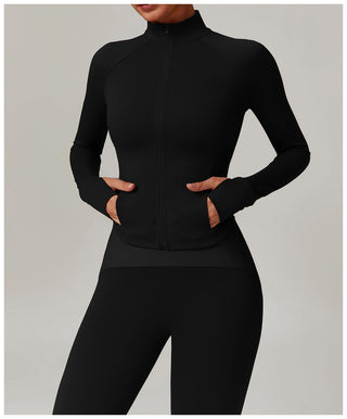 High-Neck Zip-Up Sports Jacket with Thumbholes
