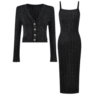 Black Glitter Ribbed Knit Two-Piece Set – Sleeveless Dress with Embellished Details and Long-Sleeve Cardigan