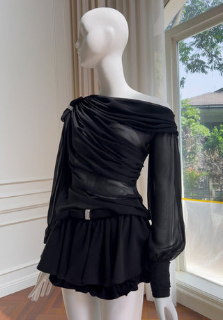 Elegant Long-Sleeve Oblique Shoulder Sheer Top and Skort Set