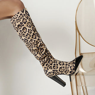 Leather Knee High Boots with Pointed Toe and Block Heel