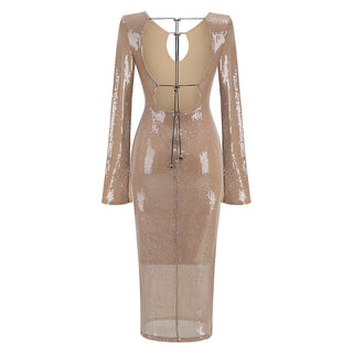 Star Night Backless Long Sleeve Sequin Long Dress