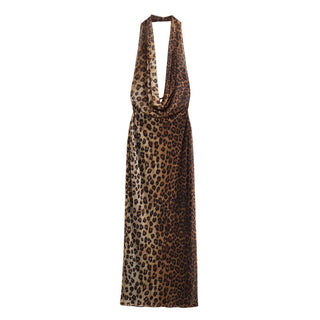 Leopard Halter Neck Mesh Long Dress