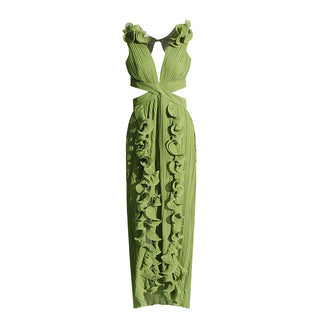 Plunge Ruffle Pleated V Neck Long Dress