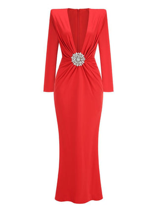 Elegant Long Sleeve V Neck Long Dress