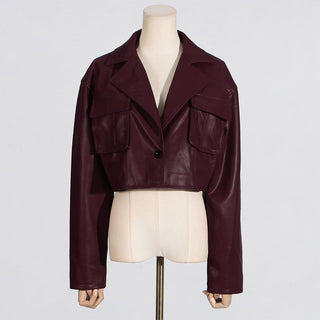 V-Neck Short Leather Jacket