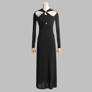 Gold Accent Cutout Long Sleeve Long Dress