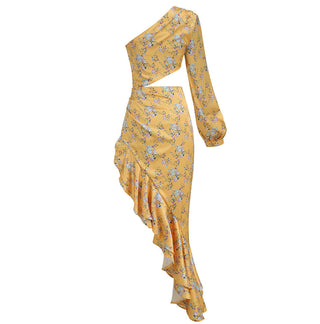 One-Shoulder Long Sleeve  Slit Long Dress