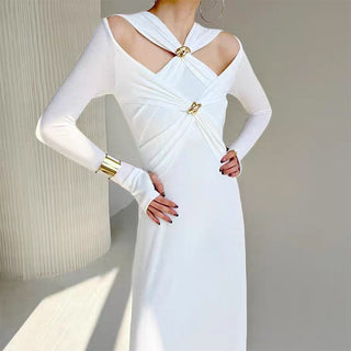 Gold Accent Cutout Long Sleeve Long Dress