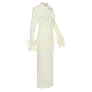 Feather Cuff Long Sleeve Bandage Long Dress