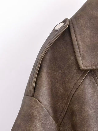 Retro Cropped Leather Jacket with Belt
