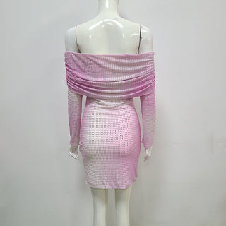 Pink Glamour Off-Shoulder Long Sleeve Sparkle Mini Dress