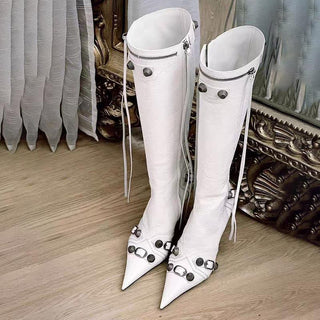High-Knee Leather Boots with Stud Buckle and Zipper Detailing