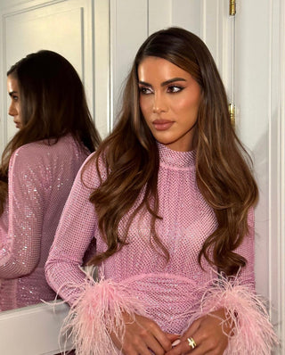 Pink Rhinestone Mini Dress with Feather Cuffs - Long Sleeve, High Neck