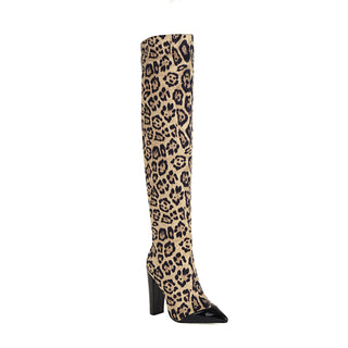 Leather Knee High Boots with Pointed Toe and Block Heel
