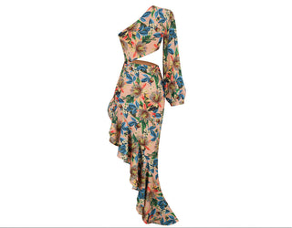 One-Shoulder Long Sleeve  Slit Long Dress