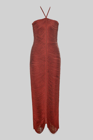 Luxury Halter Neck Backless Tassel Fringe Long Bandage Dress with High Slit